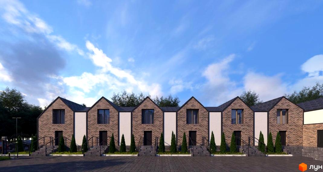 Зовнішній вигляд таунхаусів LEVEL з цегляним фасадом та прибудинковою територією з деревами. Комплекс має акуратні сходи та вікна.