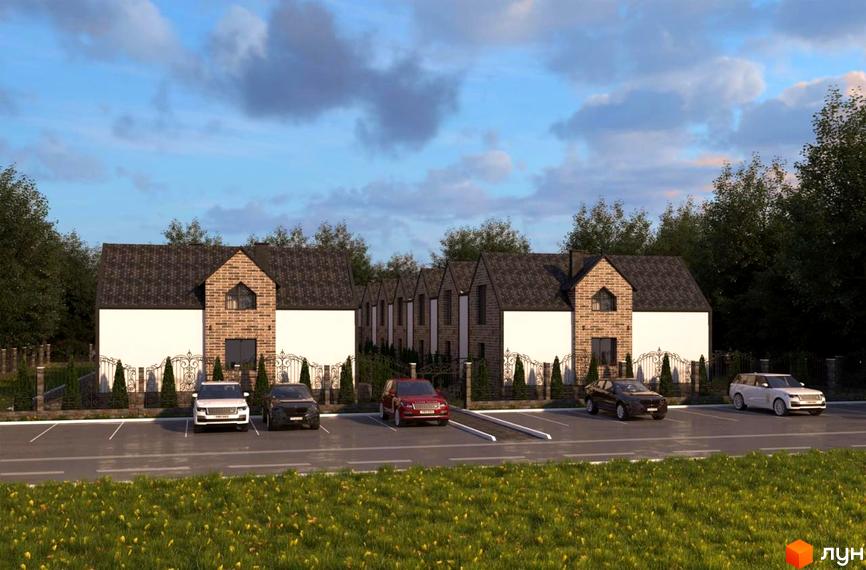 Таунхауси LEVEL – двоповерхові будинки з темним дахом, білими стінами та цегляним фасадом, розташовані на закритій території з паркомісцями та зеленими насадженнями.