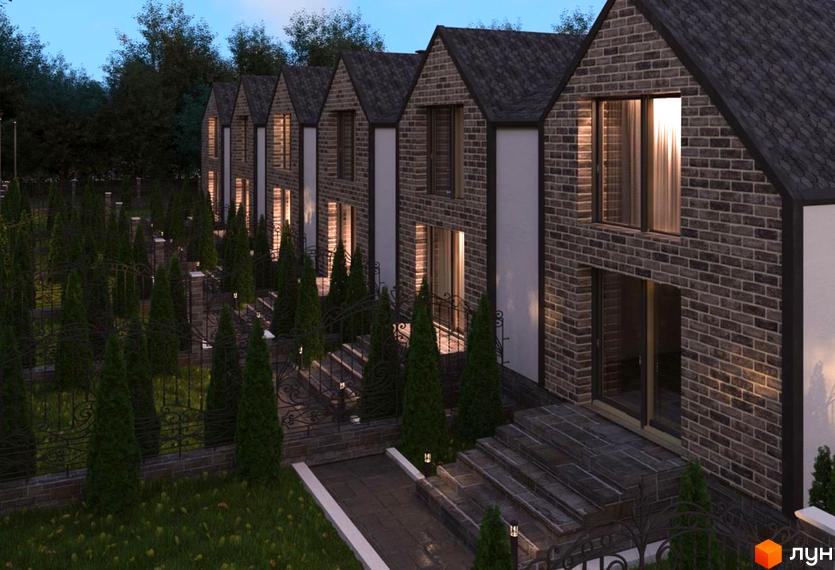 Таунхауси LEVEL: фасади будинків виконані з темної цегли. Прибудинкова територія має доглянуті зелені насадження та огорожі.