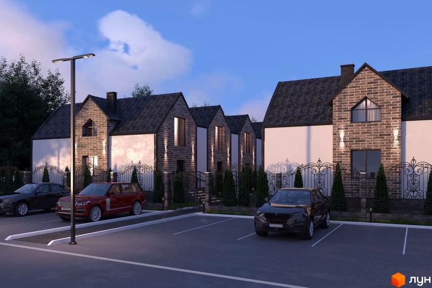 Таунхауси LEVEL: фасади з цегляним оздобленням та прибудинкова територія з паркуванням та огорожею. Зовнішній вигляд новобудови.