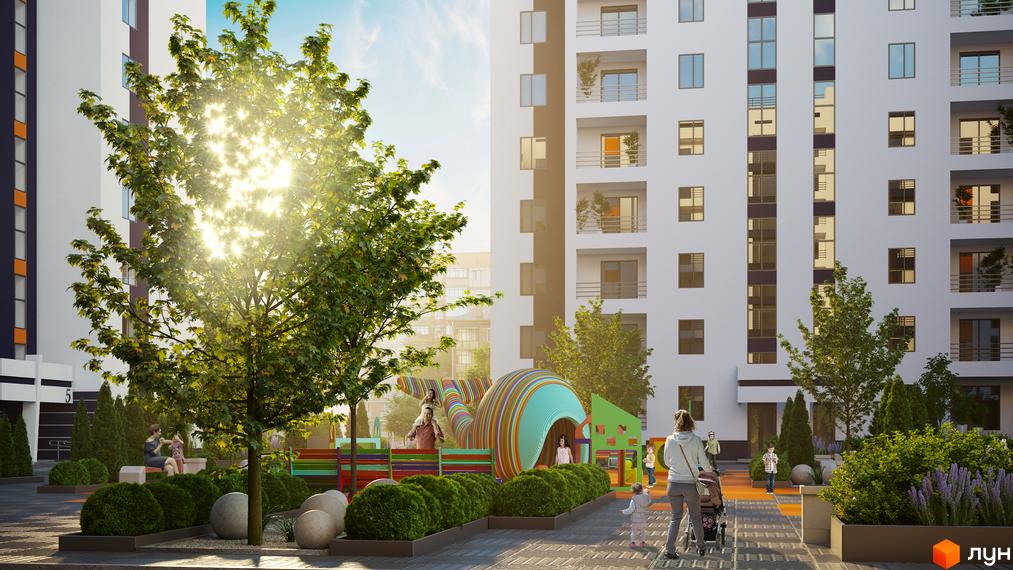Житловий комплекс Park Residence з дитячим майданчиком та зеленими зонами. Будинки мають білий фасад та балкони.