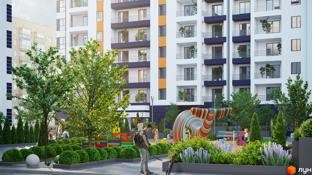 Житловий комплекс Park Residence з фасадами білого та помаранчевого кольору. На прибудинковій території розташований дитячий майданчик з яскравими елементами та зелені насадження.