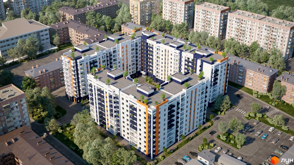 Комплекс Park Residence – будинок біло-синьо-помаранчевого кольору з внутрішнім двором та озелененими дахами. Навколо багато дерев та паркувальних місць.