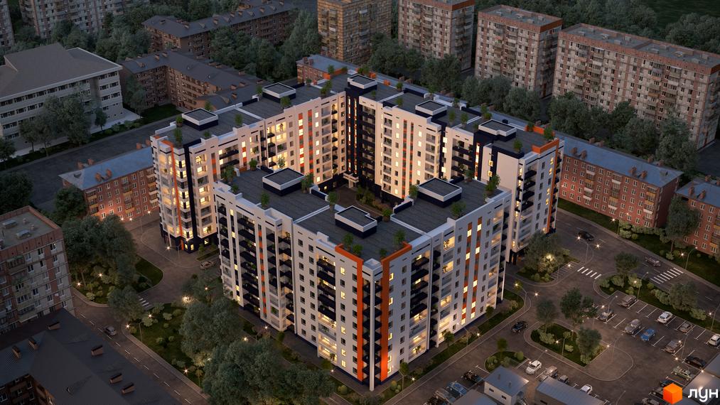 Житловий комплекс Park Residence з білим фасадом та помаранчевими акцентами, що має внутрішній двір. Навколо розташовані дороги, дерева та парковки.