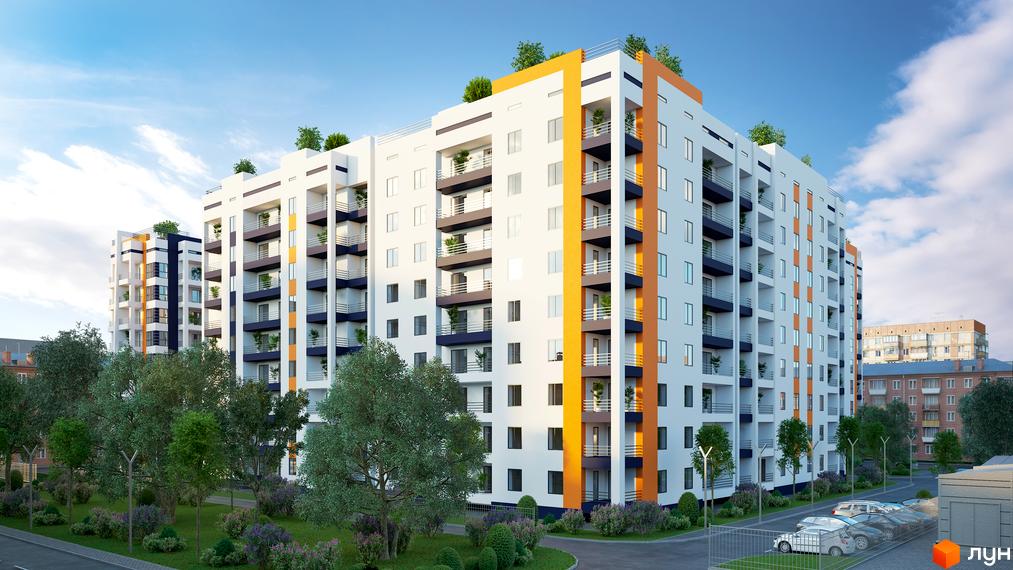 Житловий комплекс Park Residence з білим фасадом, помаранчевими та темно-синіми елементами, балконами та зеленими насадженнями на прибудинковій території з парковкою.