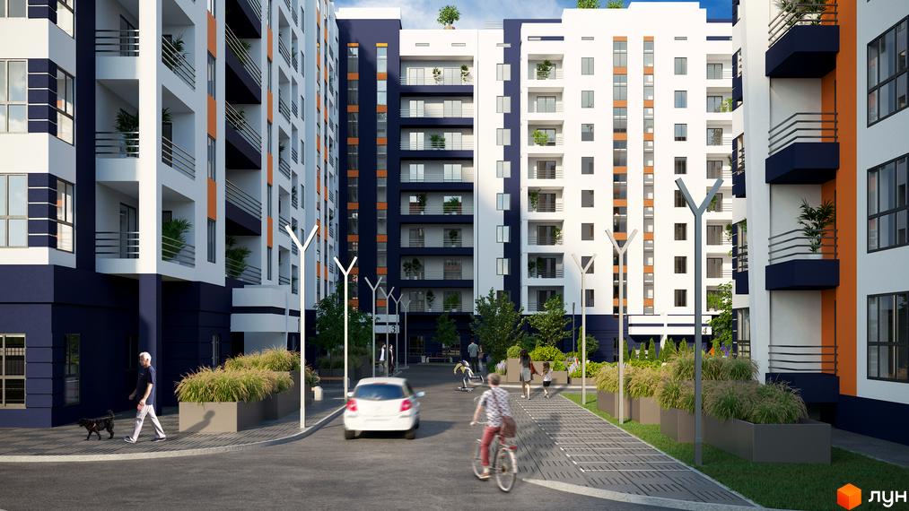 Фасади Житлового комплексу Park Residence виконані у білому та темно-синьому кольорах з помаранчевими акцентами. Прибудинкова територія облаштована доріжками, зеленими насадженнями та вуличним освітленням.