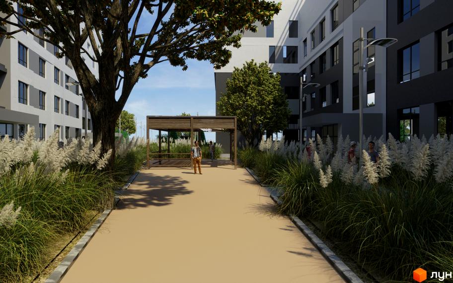 Житловий комплекс Кава з молоком: фасади будівель з сірими та білими елементами, зелена прибудинкова територія з деревами та рослинами.