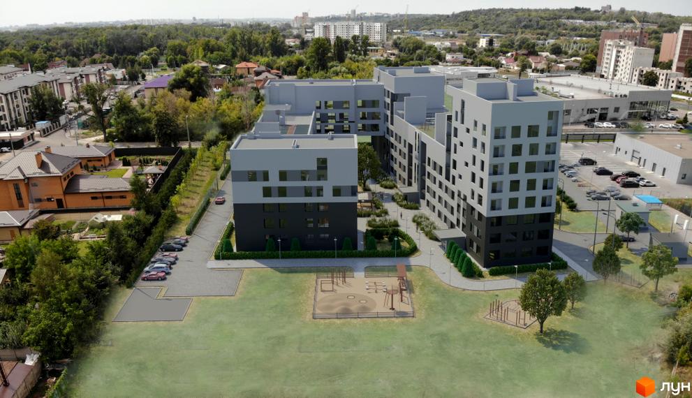 Житловий комплекс Кава з молоком має сучасну архітектуру з сірими та темними фасадами. На прибудинковій території розташовані дитячі майданчики та зелені зони.