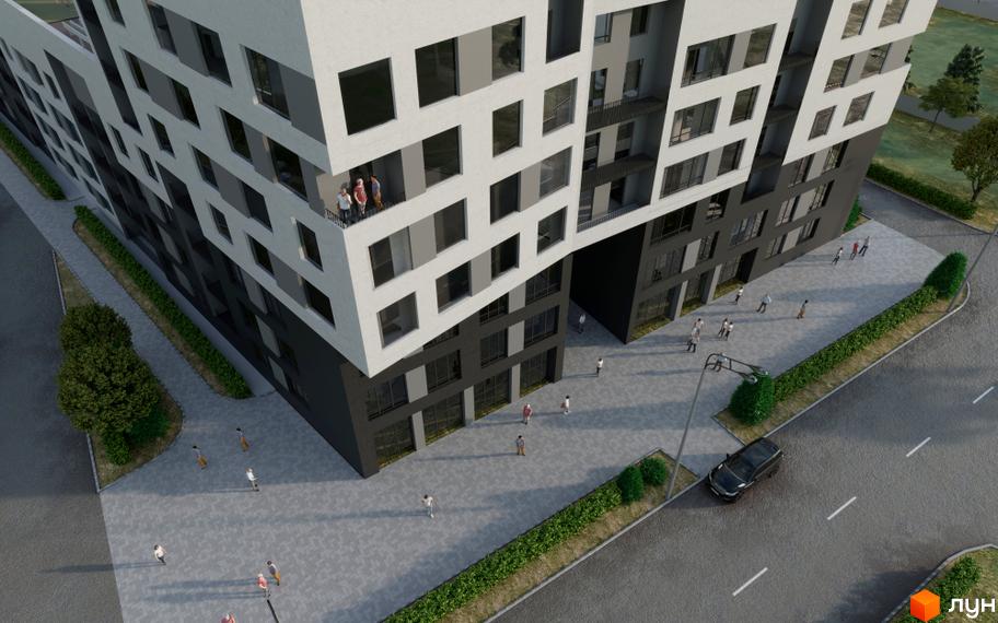 Зовнішній вигляд новобудови ЖК Кава з молоком з елементами білого та сірого кольору, з просторою прибудинковою територією та дорогою.