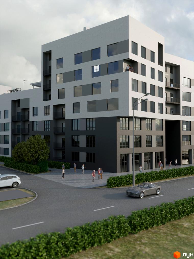 Зовнішній вигляд житлового комплексу Кава з молоком з сірими та білими фасадами, великими вікнами та балконами, з прибудинковою територією з дорогою та зеленими насадженнями.