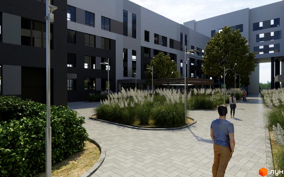 Житловий комплекс Кава з молоком: фасади будівель з темними та світлими секціями, огороджена територія з деревами та декоративними рослинами.