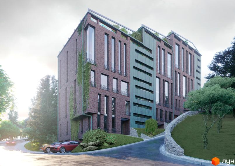 Клубний будинок Green - це цегляна новобудова з зеленими вертикальними елементами та балконами, оточена деревами та з дорогою, що веде до входу.