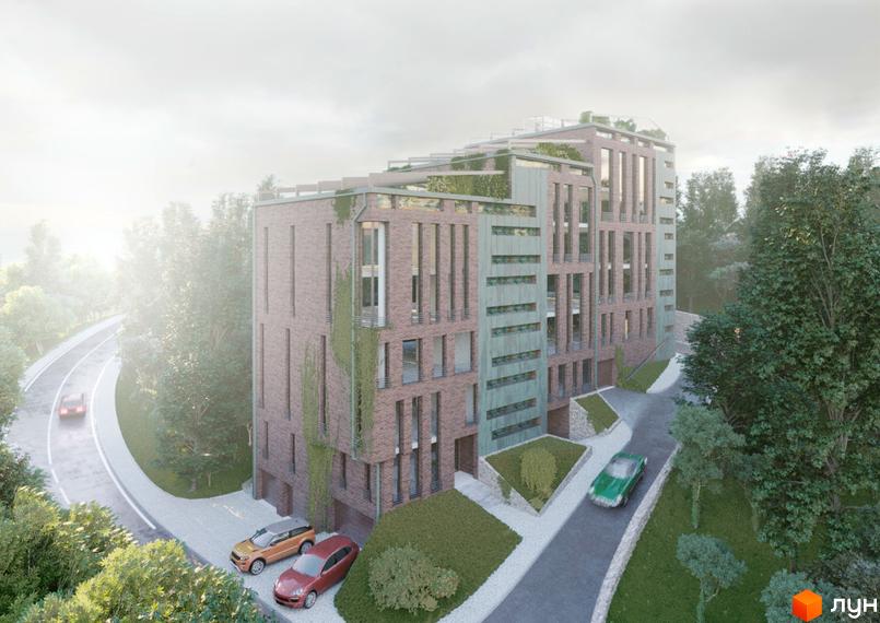 Клубний будинок Green – це цегляна новобудова з вертикальним озелененням та терасами, розташована серед дерев, з дорогою та автомобілями на прибудинковій території.