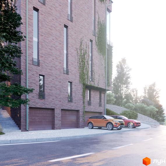 Клубний будинок Green з цегляним фасадом та зеленими насадженнями. Перед будинком розташовані гаражні ворота та два автомобілі на фоні гірського пейзажу.