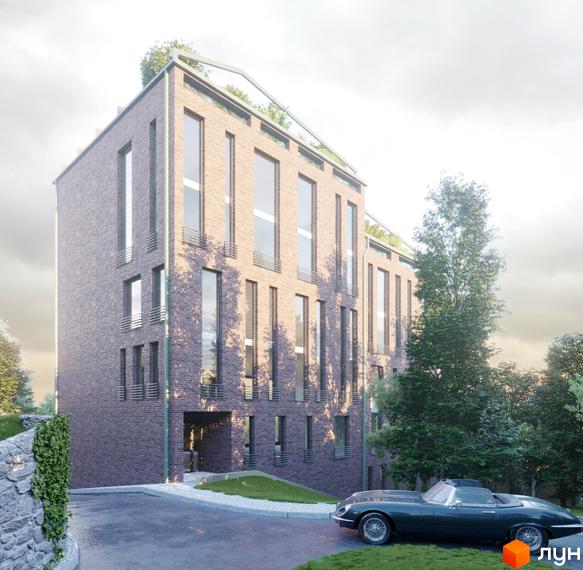 Клубний будинок Green - цегляна новобудова з великими вікнами та зеленою прибудинковою територією. Біля будинку припаркований класичний автомобіль.