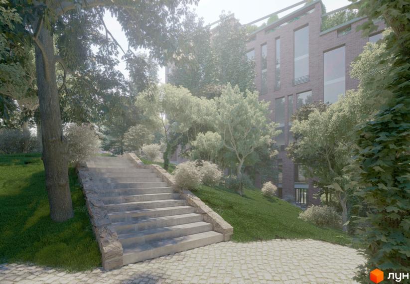 Клубний будинок Green з цегляним фасадом та великими вікнами, оточений зеленню та сходами, що ведуть до входу.