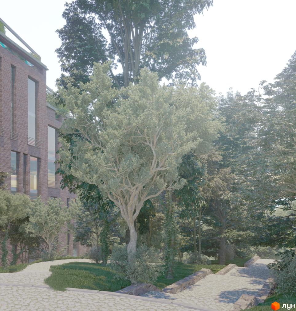 Клубний будинок Green – це цегляна новобудова з великими вікнами та балконами. Навколо розташовані вимощені доріжки та зелені насадження.