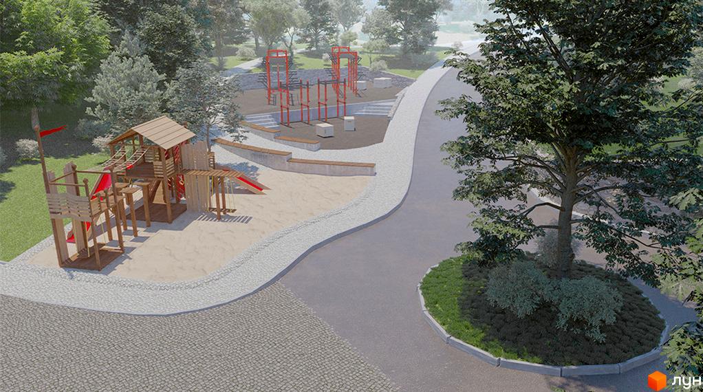 Клубний будинок Green: дитячий майданчик з дерев'яними конструкціями та спортивний комплекс з турніками на тлі зелених дерев та доріжок.