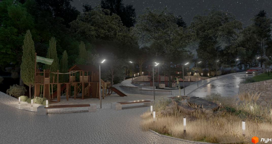 Клубний будинок Green: дитячий майданчик та доріжки з освітленням у вечірній час. Територія комплексу з деревами та дорогою.