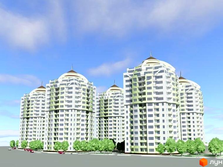 Житловий комплекс Одиссей СМУ-11 з сучасними будівлями та зеленими насадженнями на прибудинковій території.