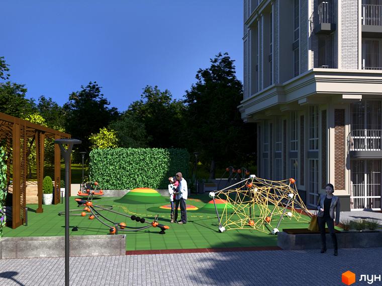 Житловий комплекс Premier Tower: багатоповерховий будинок з фасадом світлої цегли та балконами. Прибудинкова територія має дитячий майданчик та озеленення.