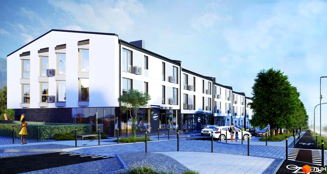 Зовнішній вигляд клубного будинку Craft з білими фасадами, великими вікнами та прибудинковою територією з деревами та пішохідною зоною.