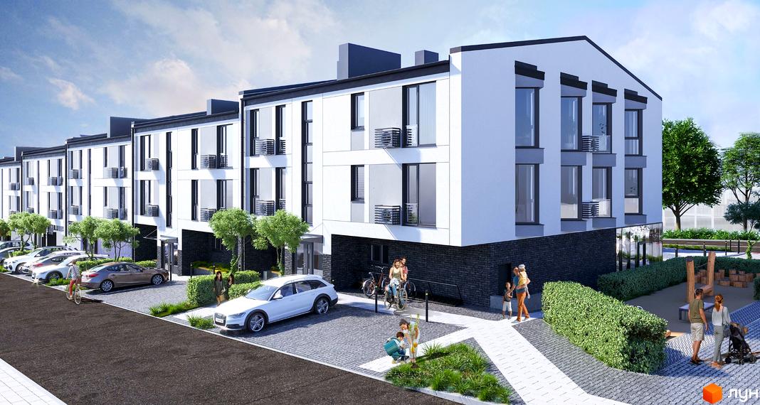 Зовнішній вигляд клубного будинку Craft з білими фасадами та темною цегляною основою, прибудинкова територія з парковкою та зонами відпочинку.