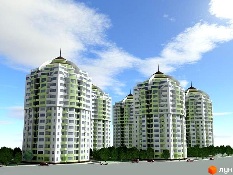 Житловий комплекс Одиссей СМУ-11 з сучасними багатоповерхівками та зеленими насадженнями на прибудинковій території.