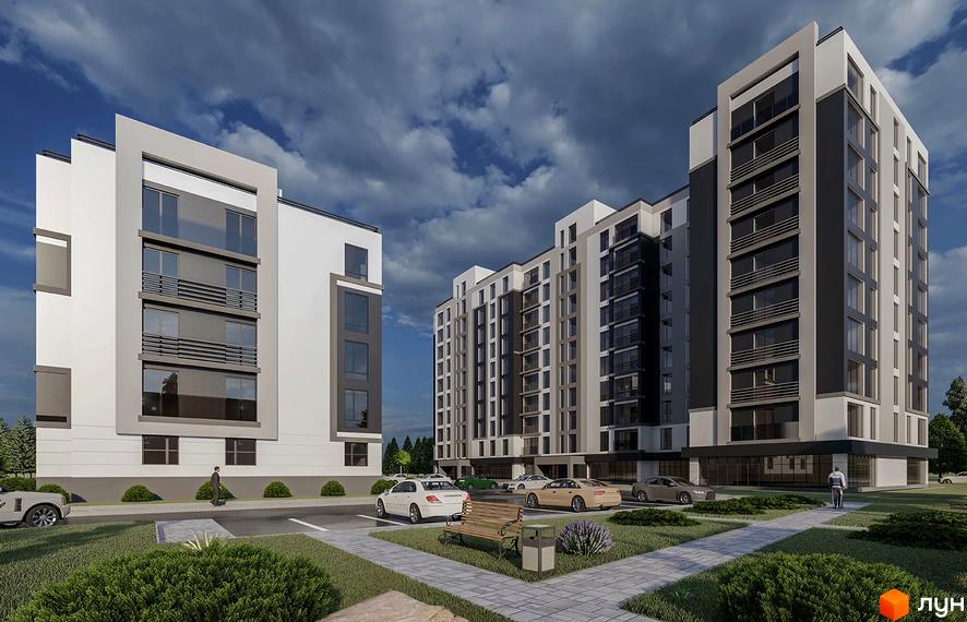 Житловий комплекс Барселона - це сучасна новобудова з біло-сірими фасадами та великими вікнами. Прибудинкова територія облаштована місцями для паркування та зеленими зонами.