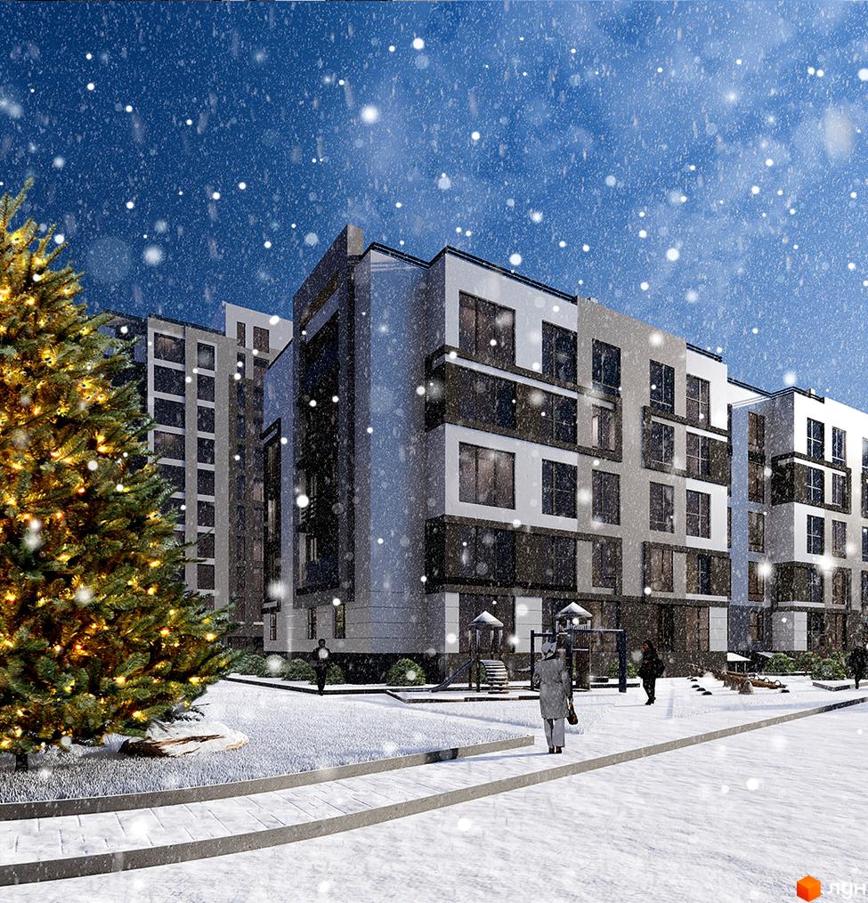 Житловий комплекс Барселона взимку зі святковою ялинкою та снігом. Сучасні будинки з великими вікнами та доглянутою прибудинковою територією.