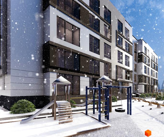 Житловий комплекс Барселона з фасадами з білих та темних панелей, вікнами великого розміру, на тлі зимового неба зі снігом. Поруч дитячий майданчик з гіркою та гойдалкою.