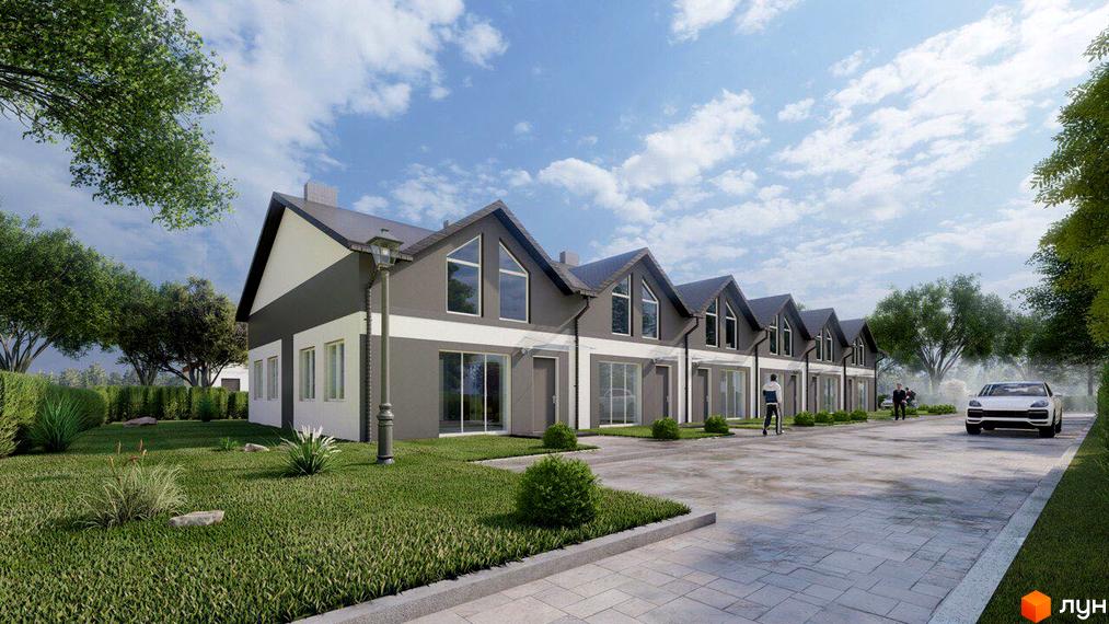 Таунхауси «Смарт хаус» – це двоповерхові будинки з сірими фасадами та білими смугами, розташовані на доглянутій прибудинковій території з газоном та деревами.