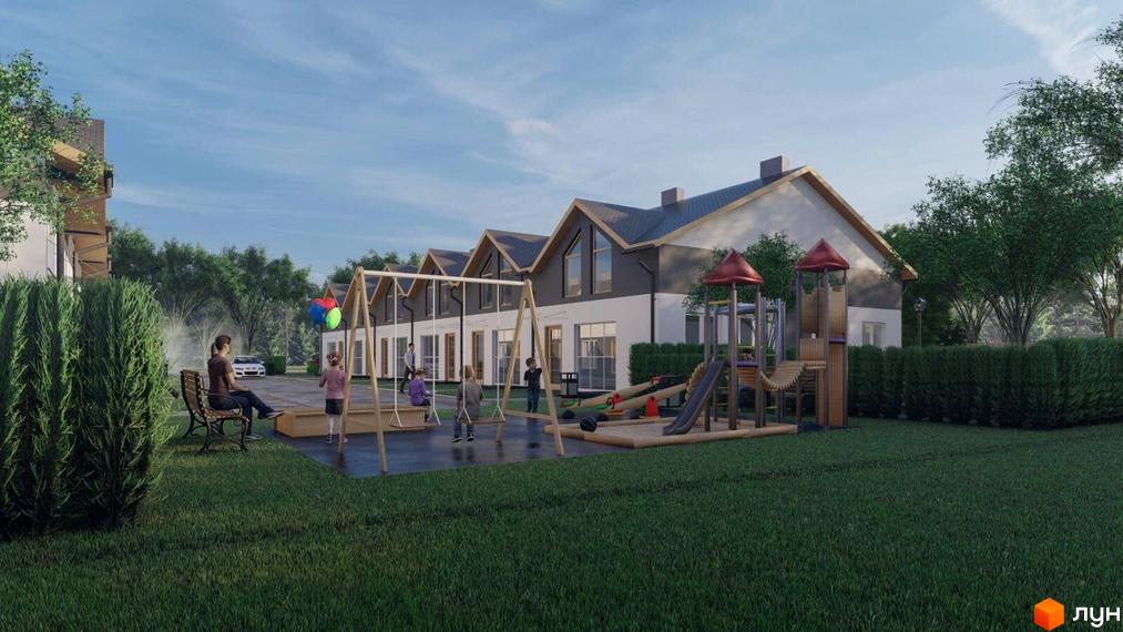 Таунхауси «Смарт хаус» з дитячим майданчиком та зоною відпочинку. Зовнішній вигляд будинків з двосхилими дахами та великими вікнами.