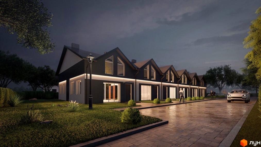 Таунхауси Smart House з темними фасадами та великими вікнами, розташовані на доглянутій прибудинковій території з освітленням та зеленими насадженнями.