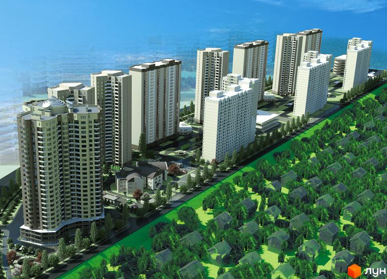 Житловий комплекс Молодіжний квартал з сучасними багатоповерхівками та прибудинковою територією, оточений зеленими насадженнями.