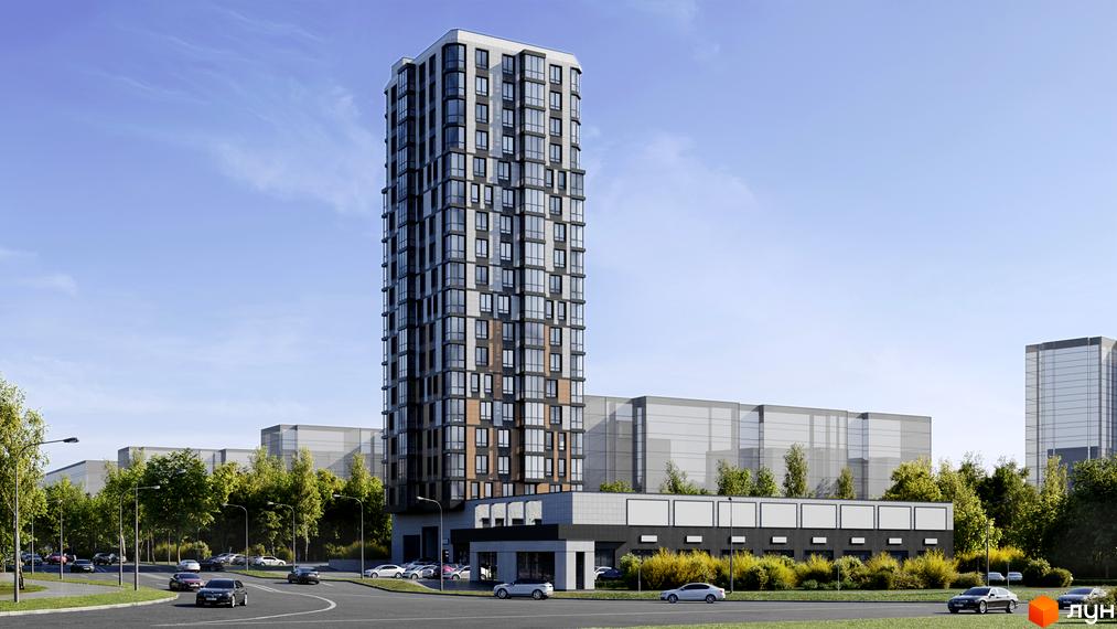 Новобудова ЖК River Hall - висотна будівля з панорамним склінням та прибудинковою територією з деревами та дорогою. Зовнішній вигляд комплексу з багатьох поверхів та скляних фасадів.