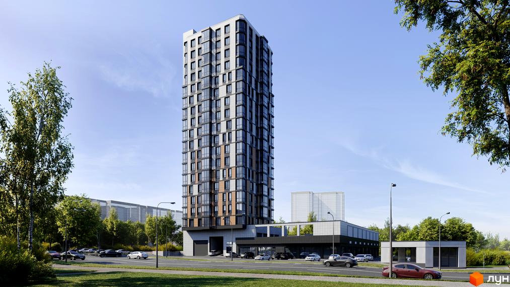 Житловий комплекс River Hall - висотна будівля з панорамними вікнами та прилегла територія з парковкою та зеленими насадженнями.