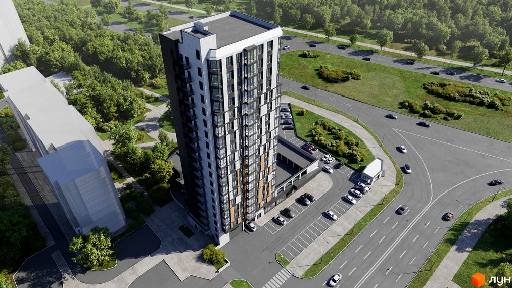 Житловий комплекс River Hall - висотна будівля з панорамними вікнами та балконами, оточена зеленню та дорогою з автомобілями.