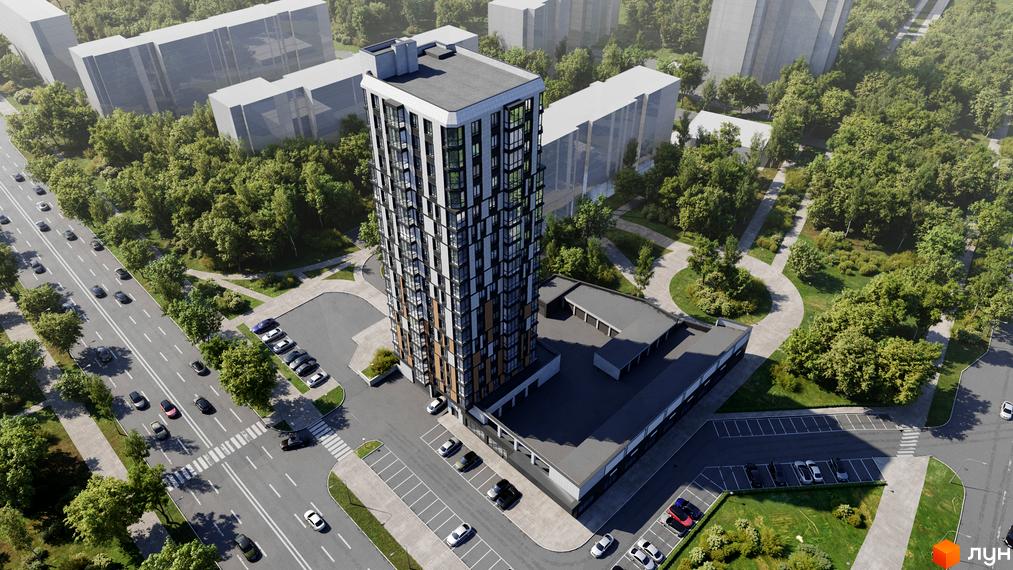 Житловий комплекс River Hall: висотна новобудова з панорамними вікнами та прибудинковою територією з парковкою та зеленими зонами. Огляд фасаду та території житлового комплексу.