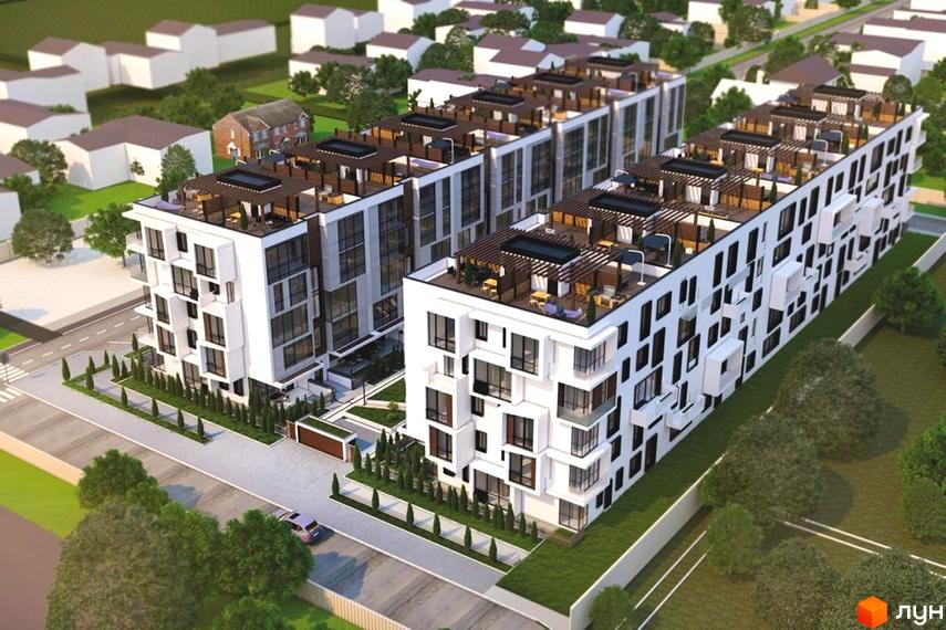 Житловий комплекс Sunrise City з білою фасадною частиною та великою кількістю вікон. На даху розташовані зони відпочинку з навісами. На прибудинковій території зелені насадження та парковка.