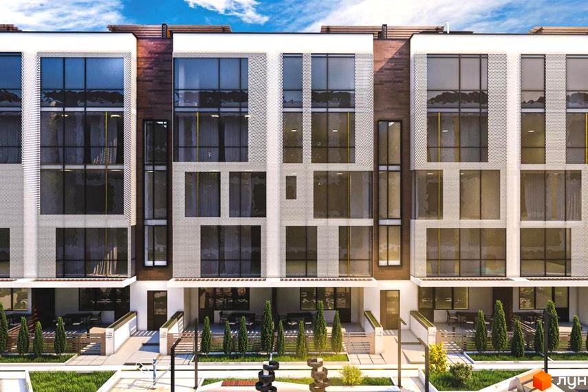 Зовнішній вигляд ЖК Sunrise City з великими вікнами та балконами. Прибудинкова територія з зеленими насадженнями та зонами відпочинку.