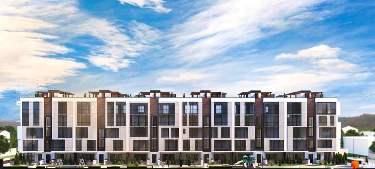 Зовнішній вигляд новобудови ЖК Sunrise City з великими вікнами та балконами. Прибудинкова територія з дитячим майданчиком та зеленими насадженнями.