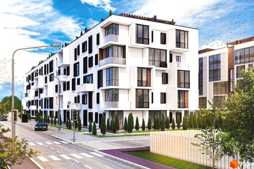 Зовнішній вигляд житлового комплексу Sunrise City з білими фасадами, великими вікнами та балконами. Навколо комплексу розташована доглянута прибудинкова територія з деревами та газонами.