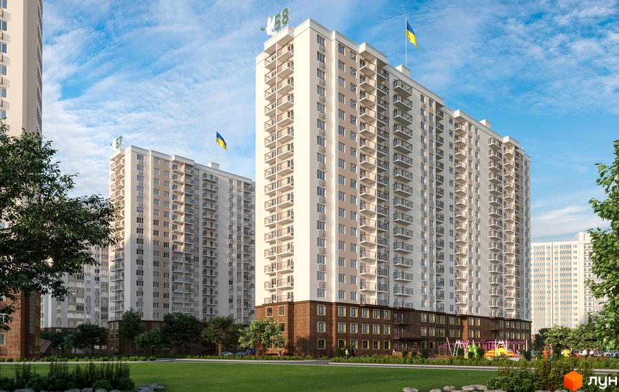 Житловий комплекс П'ятдесят восьма перлина - висотні будинки з балконами та українськими прапорами, зелена прибудинкова територія з дитячим майданчиком.