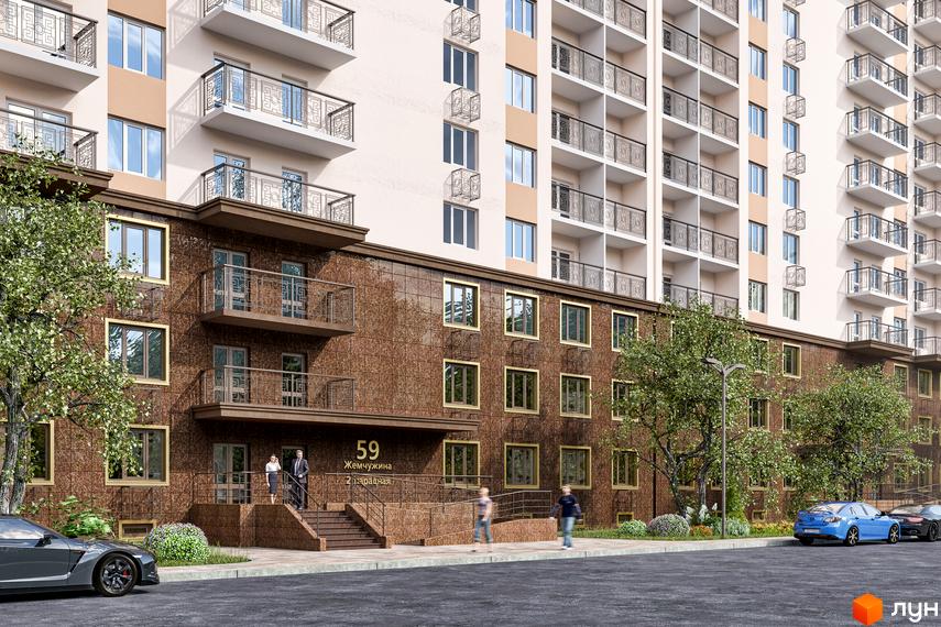 Зовнішній вигляд будинку ЖК Пʼятдесят девʼята перлина з коричневим фасадом та балконами. Прибудинкова територія з деревами, кущами та автомобілями.