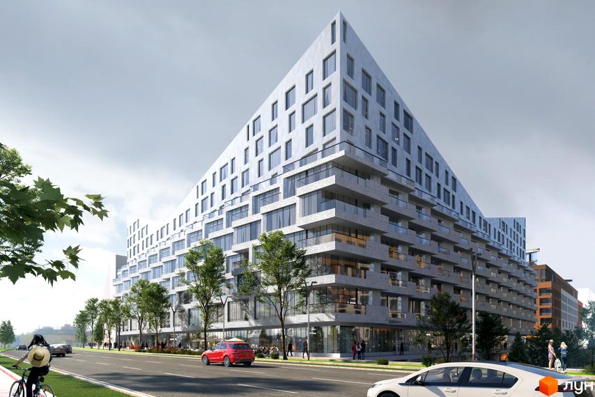 Житловий район Rybalsky: багатоповерховий будинок з трикутним фасадом, великими вікнами та балконами. Поруч вулиця з деревами та транспортом.