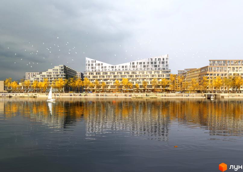 Житловий район Rybalsky з будинками різної висоти та форми, розташований біля річки. Набережна з жовтими деревами та людьми, на воді вітрильник.