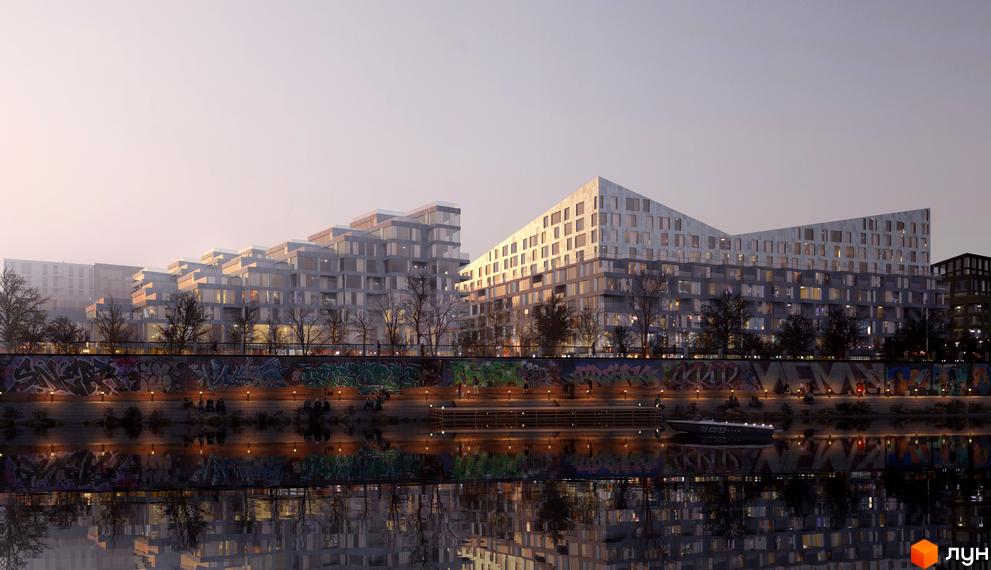 Багатоповерхові будинки Житловий район Rybalsky з терасованими фасадами та численними вікнами. Набережна з деревами, графіті та освітленням, відбивається у воді річки.