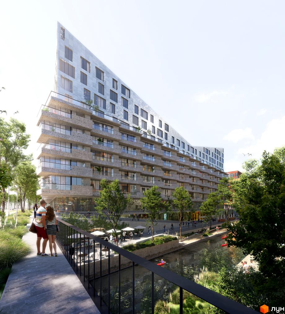 Житловий район Rybalsky з унікальною архітектурою та набережною. Сучасний будинок з панорамними вікнами та балконами, оточений зеленню та водними каналами.