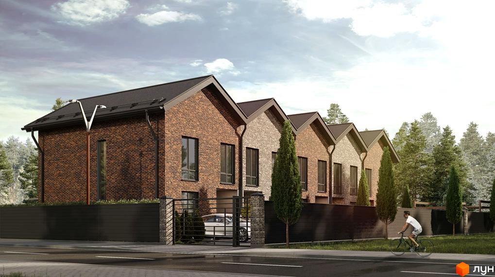 Некрасівський житловий комплекс Nekrasov Townhouse 2 – це сучасні таунхауси з цегляним фасадом, розташовані вздовж дороги з деревами та парканом.